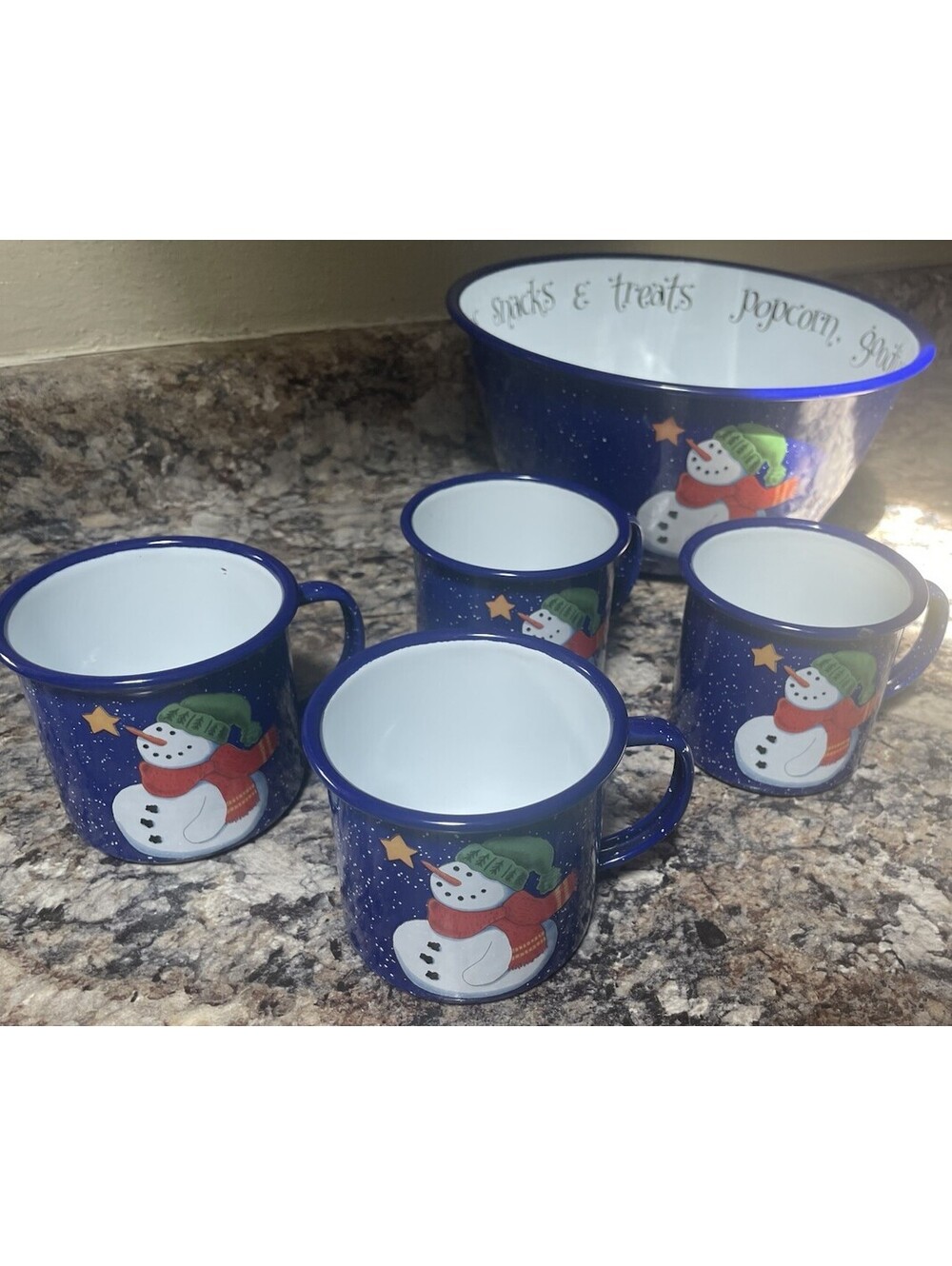 2000 Goose Berry Patch Snowman Christmas Bowl & 4 Cups Metal w/Ceramic Coat